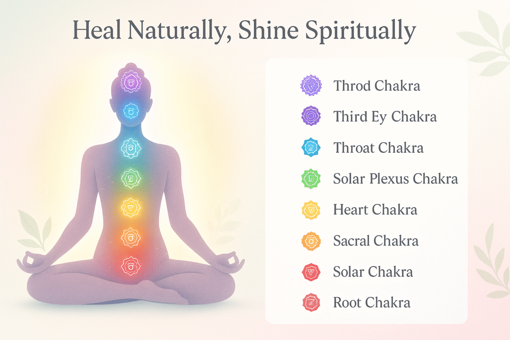 "Infographic of 7 Chakras - Root, Sacral, Solar Plexus, Heart, Throat, Third Eye, and Crown Chakra - aligned in a meditative body posture, representing balance and healing energy."